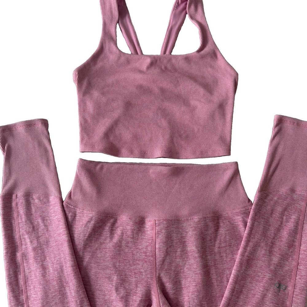 Alo Yoga Pink Matching Set Alosoft Lounge Leggings And Ribbed Tank Bra Sz M